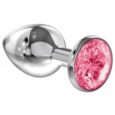 Анальная пробка серебро средняя с нежно-розовым кристаллом 8 см Х 3,4 см