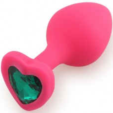 Силиконовая анальная втулка с кристаллом в форме сердца розовый/темно-зеленый L 80мм D 35мм