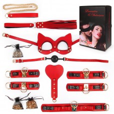НАБОР (наручники, оковы, маска, ошейник, плеть, поводок, кляп, шлёпалка, зажимы)  цвет красный 