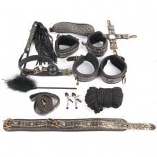 КОМПЛЕКТ (наручники, оковы, ошейник с поводком, верёвка, фиксатор, плётка, кляп, маска, зажимы)