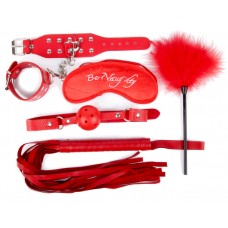 КОМПЛЕКТ (наручники,маска,кляп,плеть,щекоталка с пухом) цвет красный,арт. NTB-80332